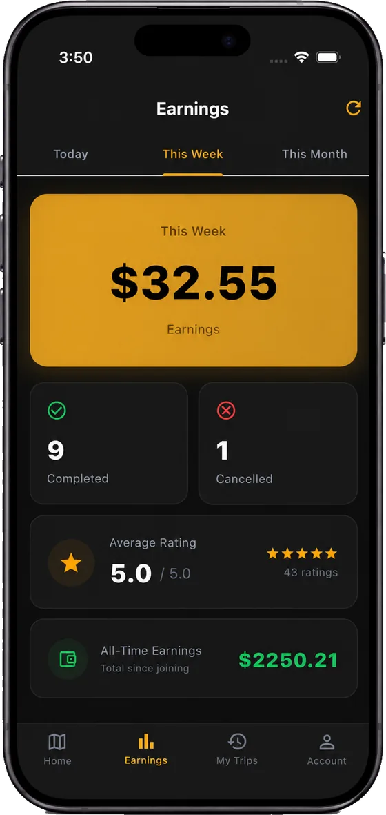 NEXRIDE driver earnings screen