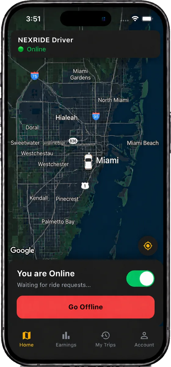 NEXRIDE driver app: online and waiting for ride requests