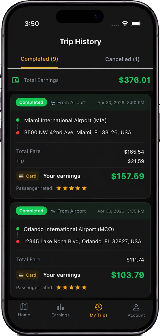 NEXRIDE driver trip history with earnings per ride