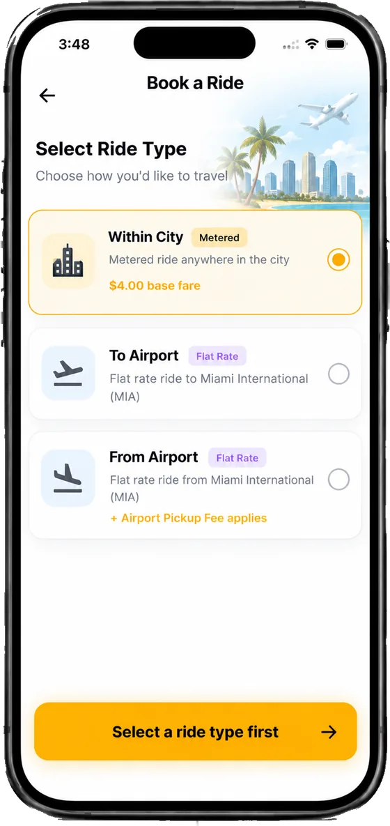 NEXRIDE passenger app: choose a city or airport ride