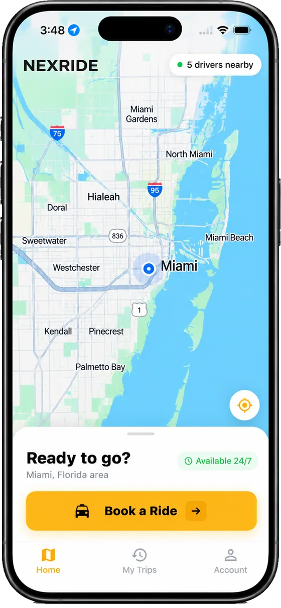 NEXRIDE passenger home screen with nearby drivers