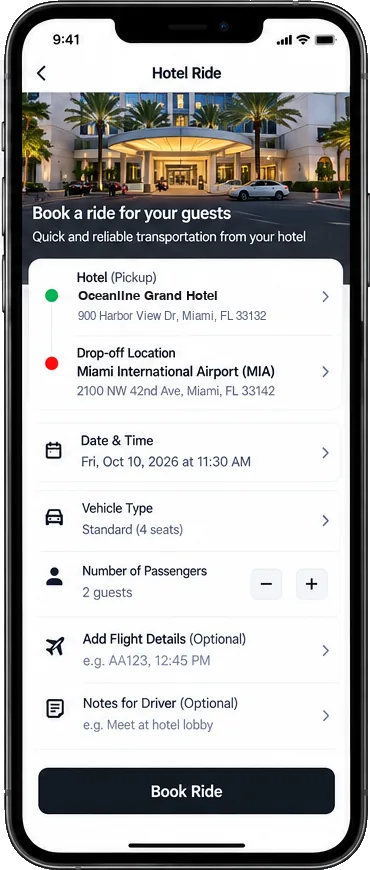 NEXRIDE hotel booking screen for guests