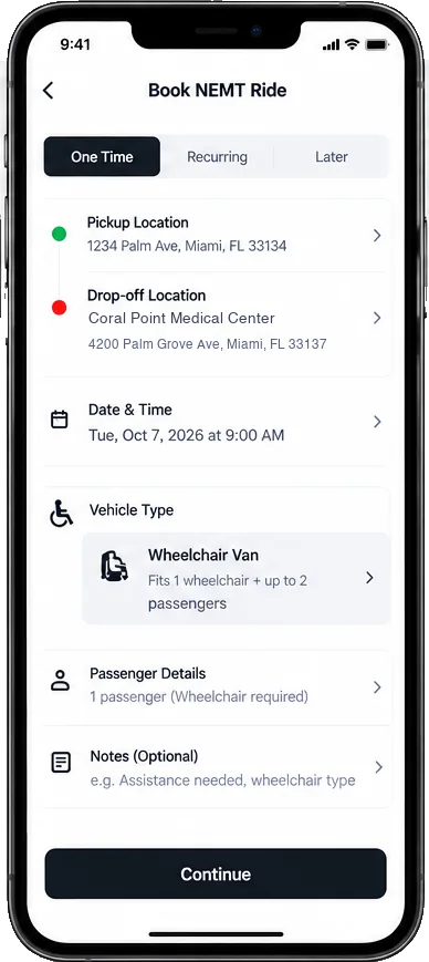 NEXRIDE NEMT booking with wheelchair van