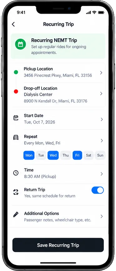 NEXRIDE recurring NEMT trip setup
