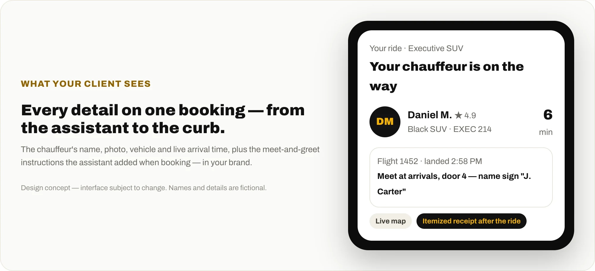 Black car client notification showing the chauffeur's name, rating, vehicle and plate, six minute arrival time and meet-and-greet instructions at airport arrivals